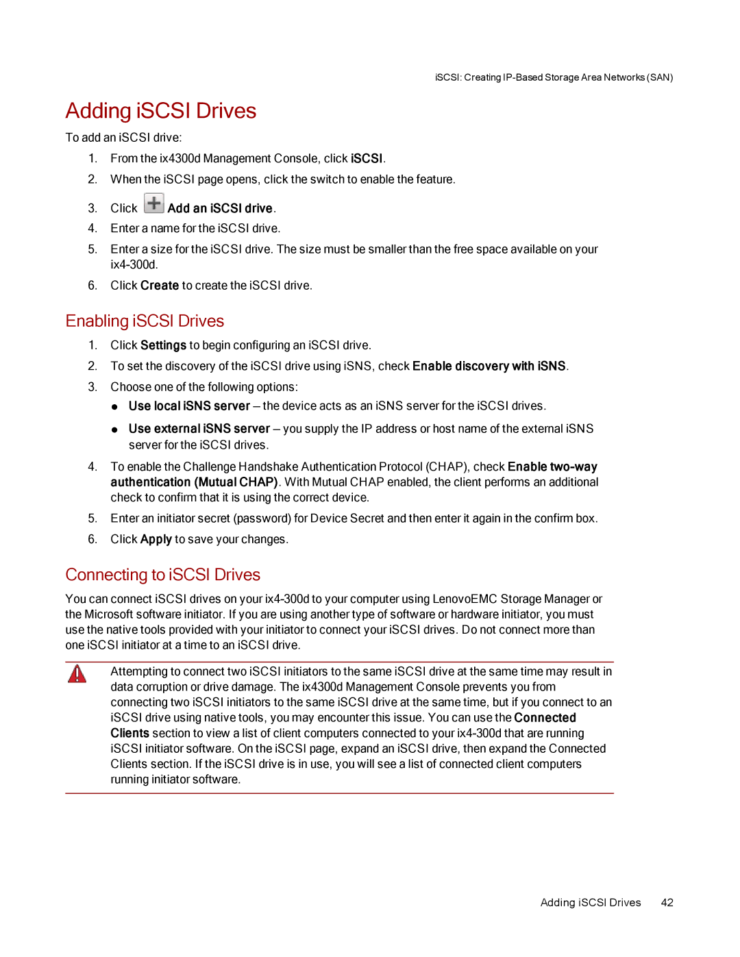 Lenovo 70B89001NA, 70B89003NA, 70B89000NA manual Adding iSCSI Drives, Enabling iSCSI Drives, Connecting to iSCSI Drives 