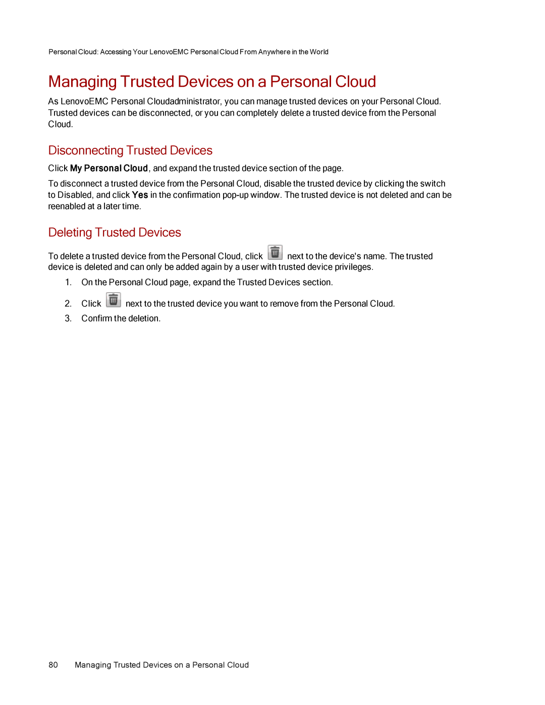 Lenovo 70B89003NA Managing Trusted Devices on a Personal Cloud, Disconnecting Trusted Devices, Deleting Trusted Devices 