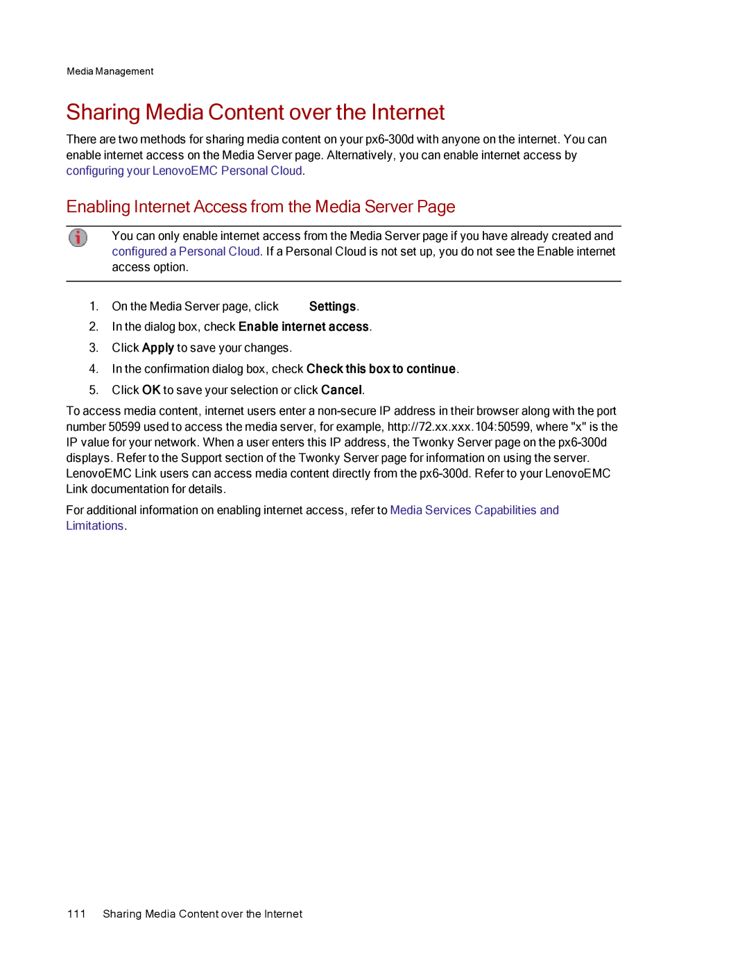 Lenovo 70BG9000NA manual Sharing Media Content over the Internet, Enabling Internet Access from the Media Server 