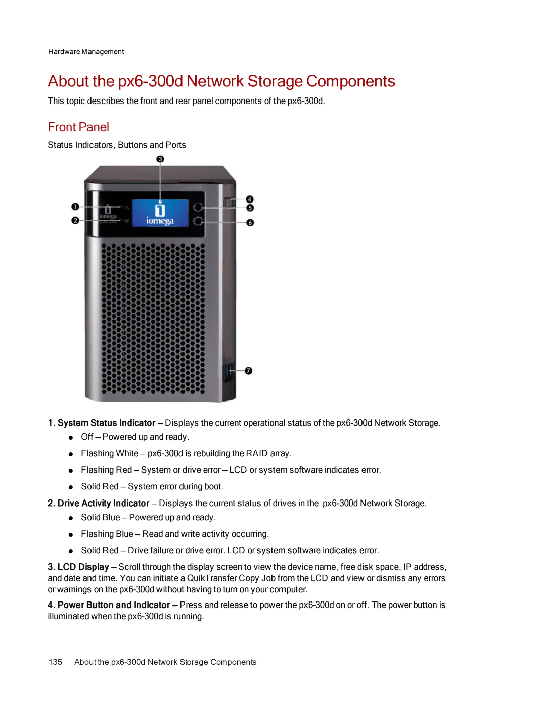 Lenovo 70BG9000NA manual About the px6-300d Network Storage Components, Front Panel 