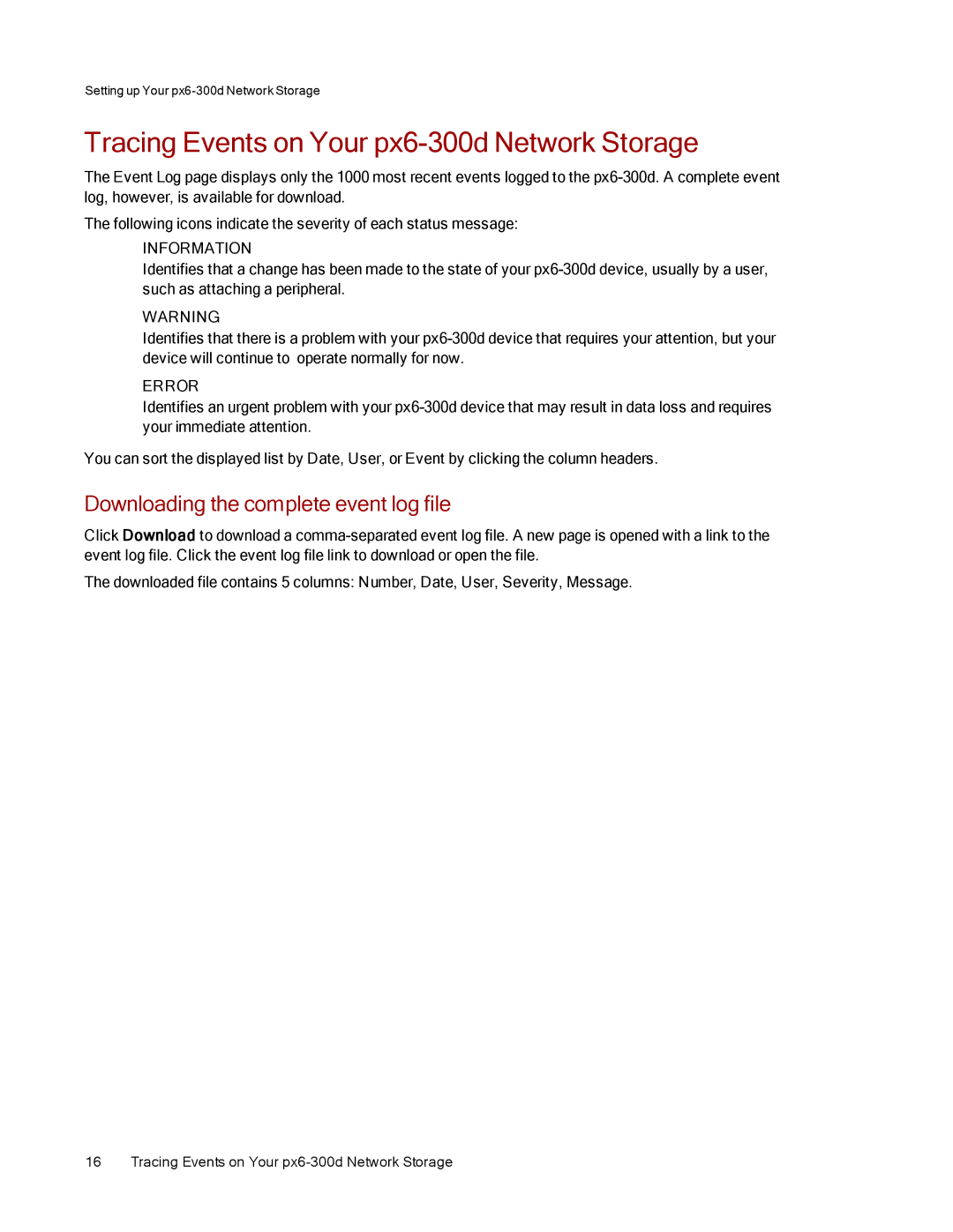 Lenovo 70BG9000NA manual Tracing Events on Your px6-300d Network Storage, Downloading the complete event log file 