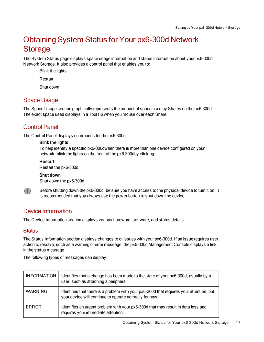 Lenovo 70BG9000NA manual Obtaining System Status for Your px6-300d Network Storage, Space Usage, Control Panel 