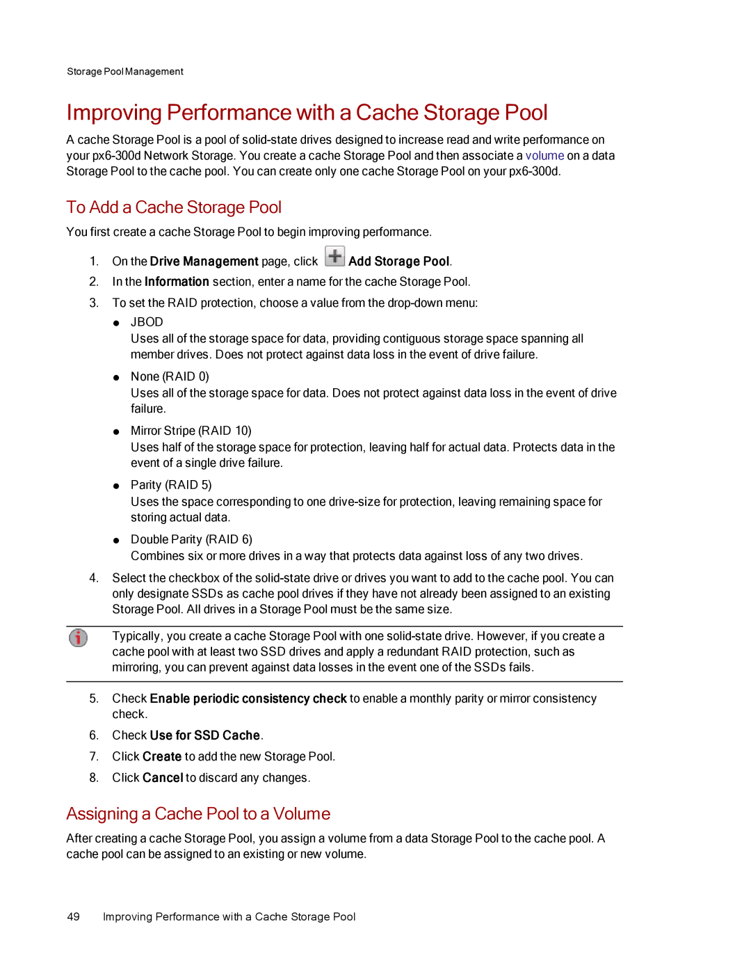 Lenovo 70BG9000NA Improving Performance with a Cache Storage Pool, To Add a Cache Storage Pool, Check Use for SSD Cache 