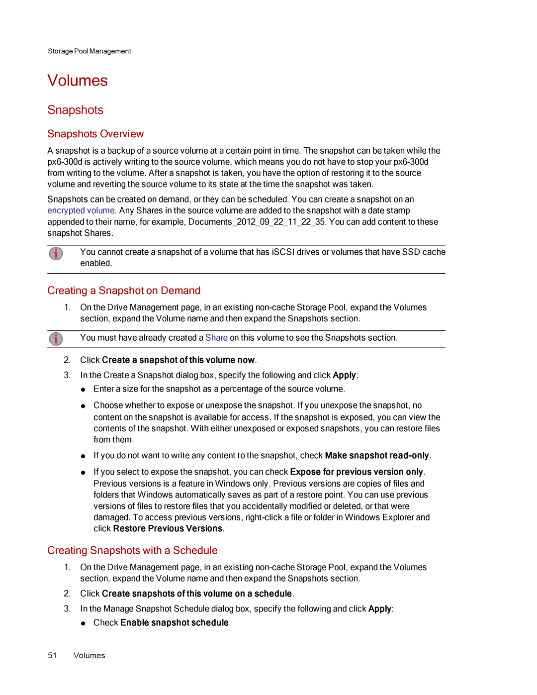 Lenovo 70BG9000NA manual Volumes, Snapshots Overview, Creating a Snapshot on Demand, Creating Snapshots with a Schedule 