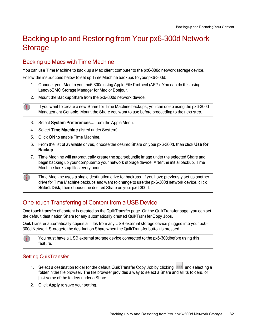 Lenovo 70BG9000NA manual Backing up Macs with Time Machine, One-touch Transferring of Content from a USB Device 