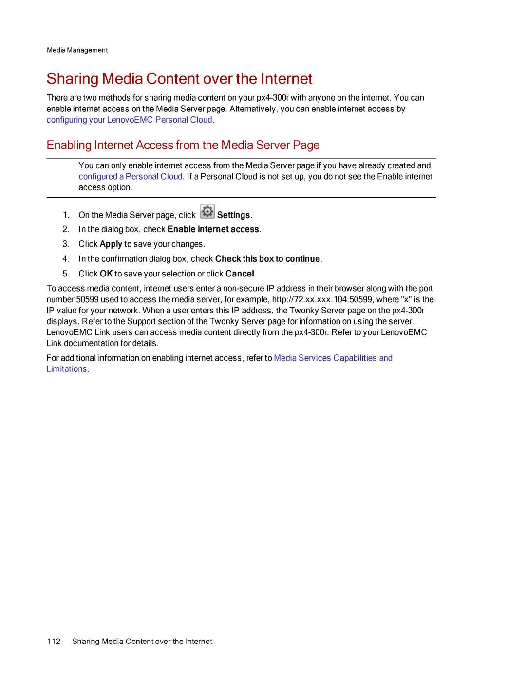 Lenovo 70BJ9007WW, 70BJ9005WW manual Sharing Media Content over the Internet, Enabling Internet Access from the Media Server 