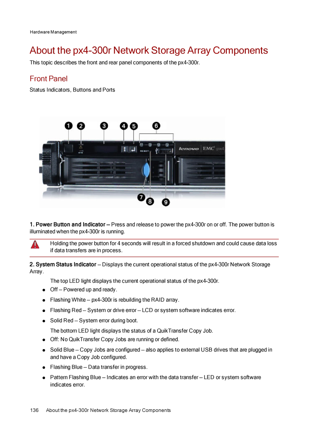 Lenovo 70BJ9007WW, 70BJ9005WW manual About the px4-300r Network Storage Array Components, Front Panel 