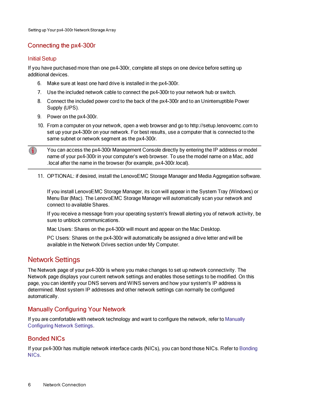 Lenovo 70BJ9007WW Network Settings, Connecting the px4-300r, Manually Configuring Your Network, Bonded NICs, Initial Setup 