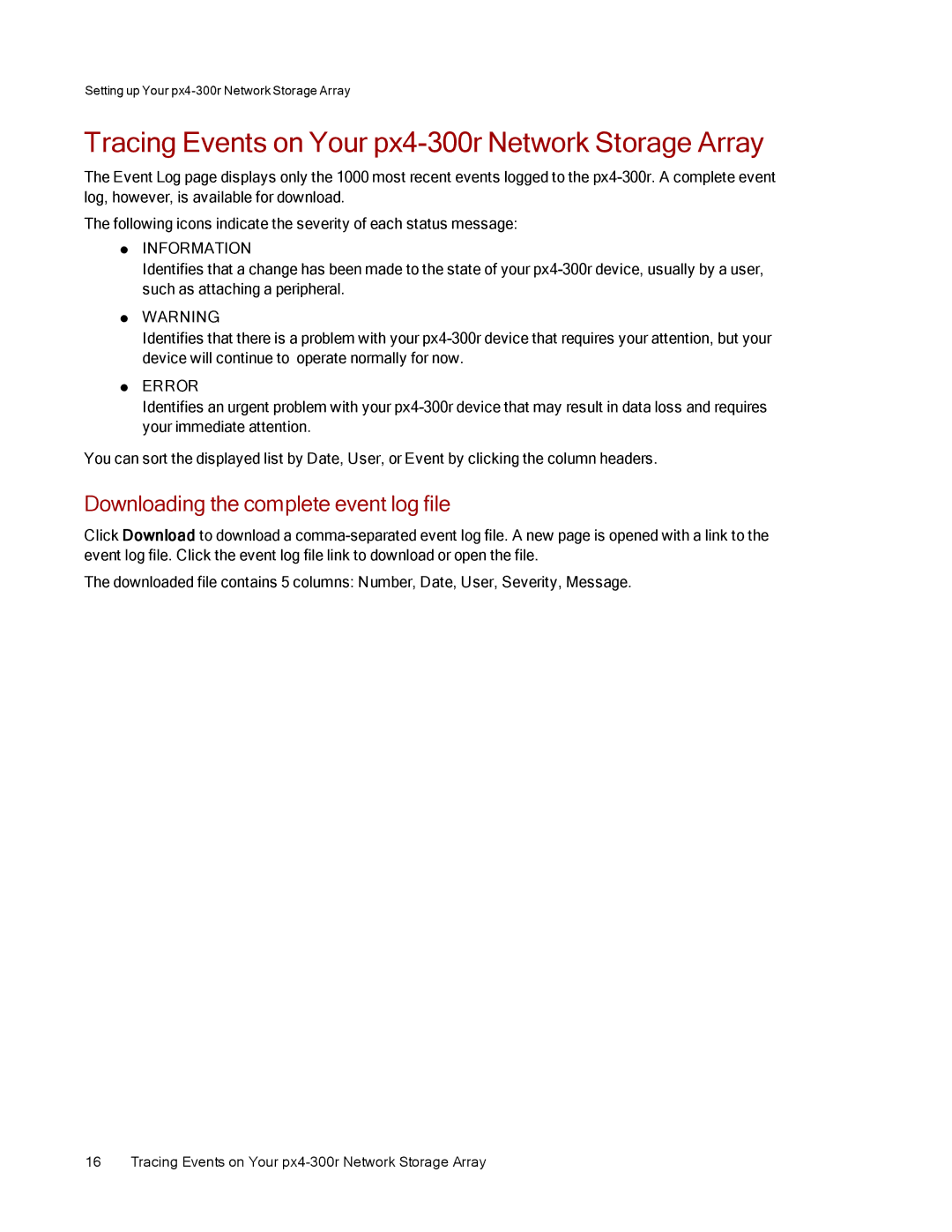 Lenovo 70BJ9007WW manual Tracing Events on Your px4-300r Network Storage Array, Downloading the complete event log file 