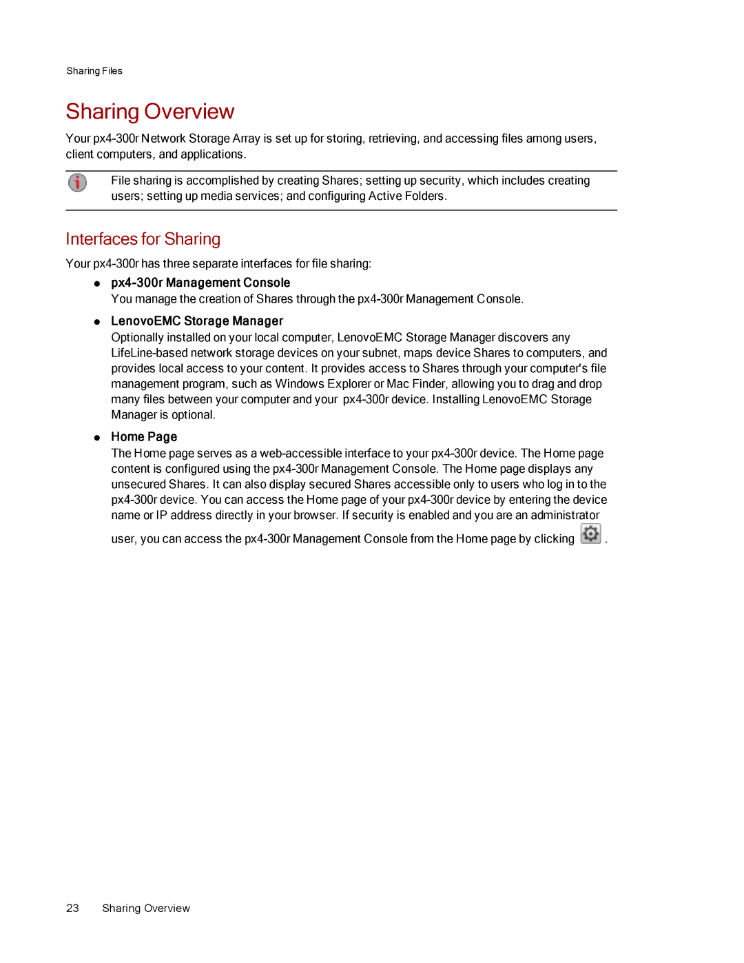 Lenovo 70BJ9005WW Sharing Overview, Interfaces for Sharing, Px4-300r Management Console, LenovoEMC Storage Manager, Home 