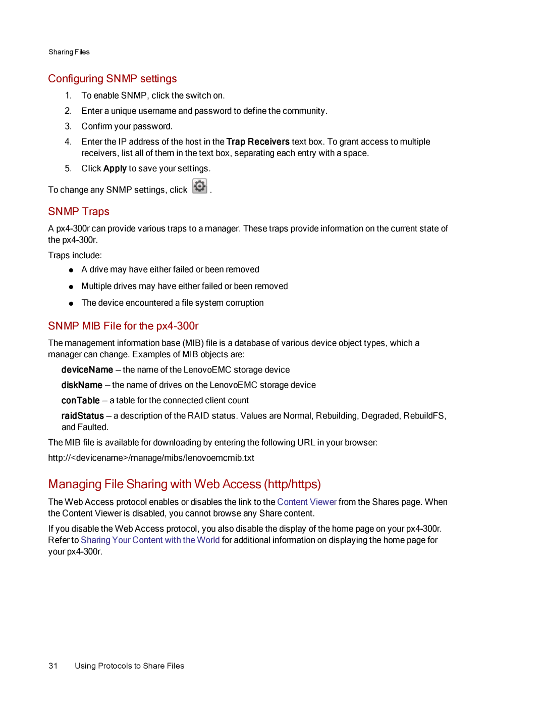 Lenovo 70BJ9005WW, 70BJ9007WW manual Managing File Sharing with Web Access http/https, Configuring Snmp settings, Snmp Traps 