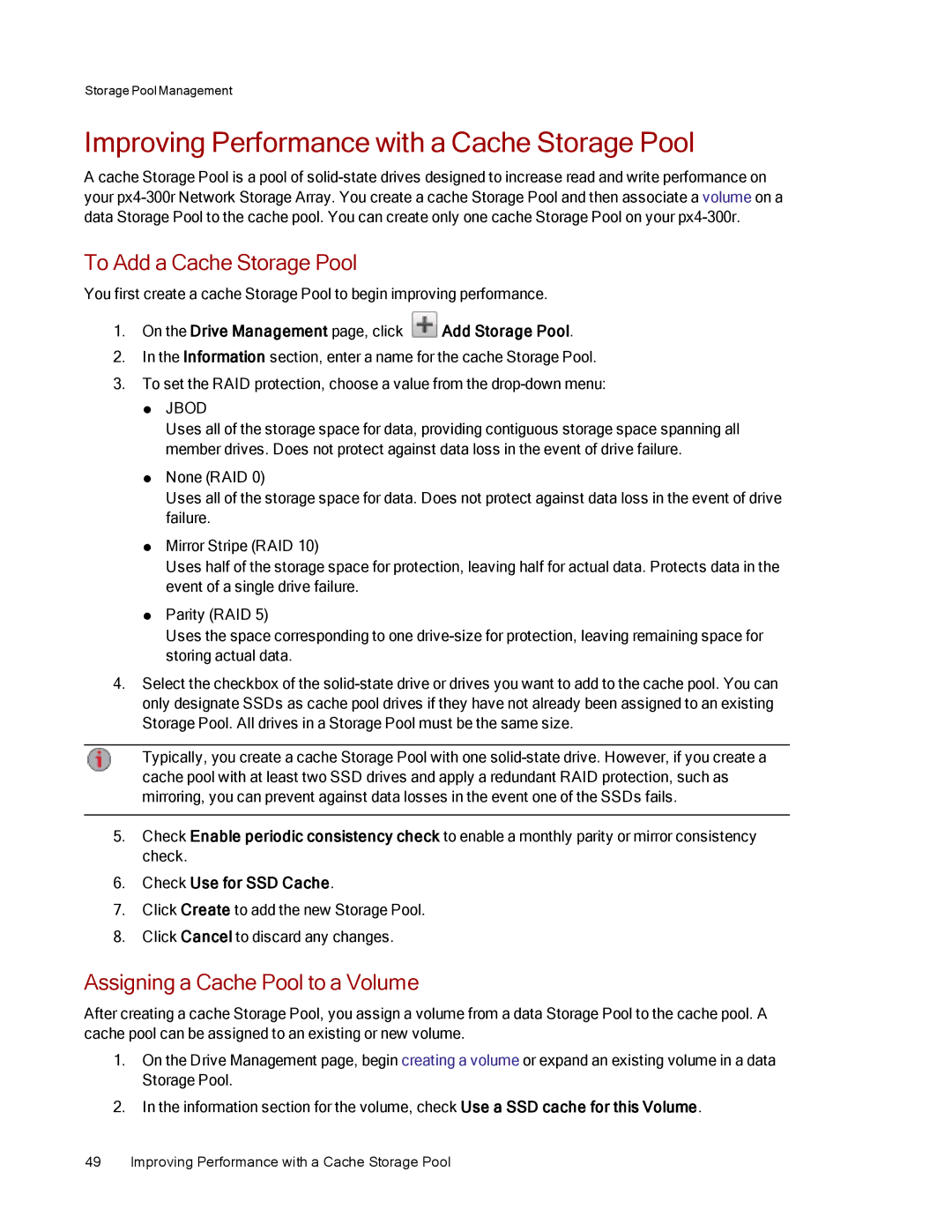 Lenovo 70BJ9005WW Improving Performance with a Cache Storage Pool, To Add a Cache Storage Pool, Check Use for SSD Cache 