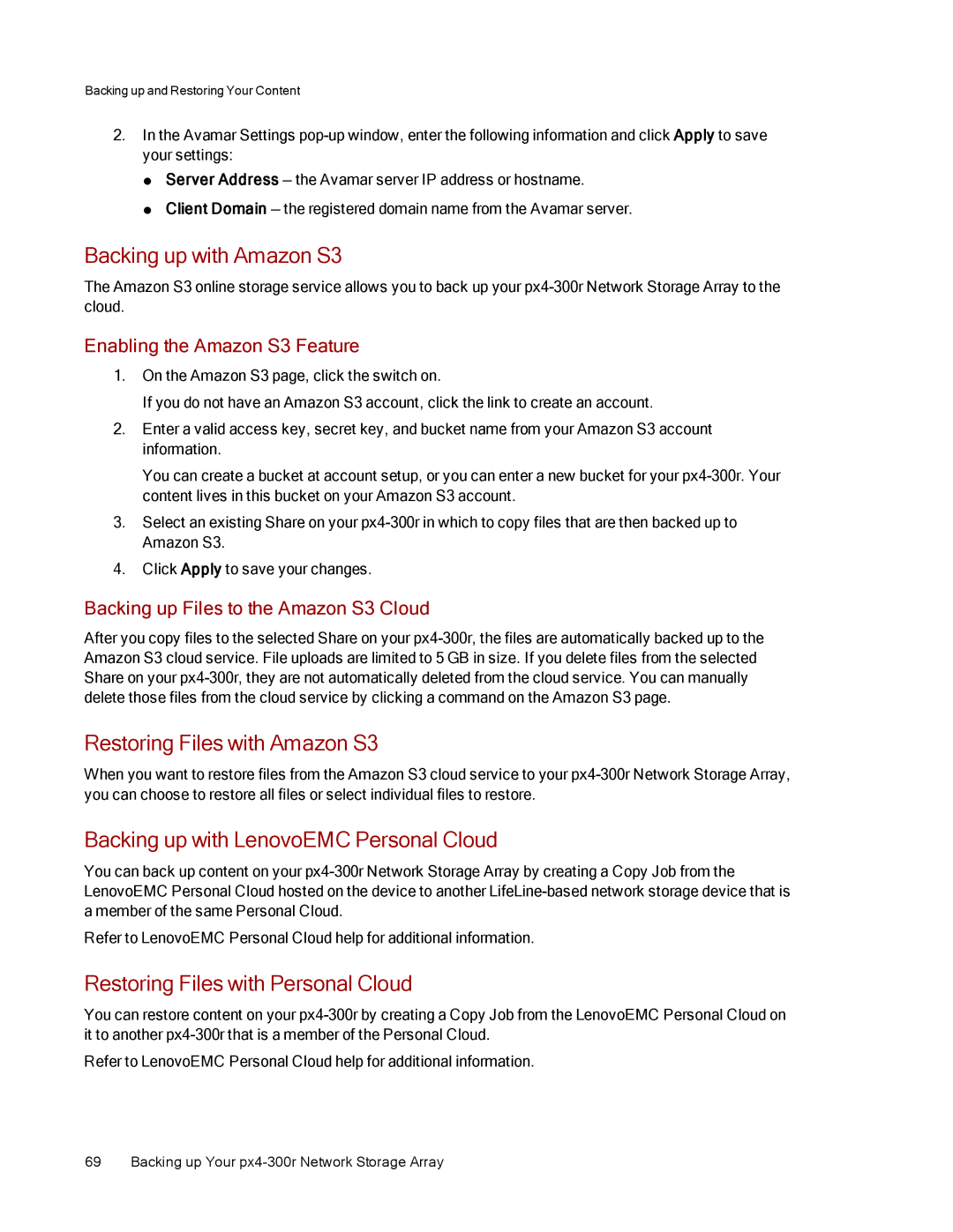 Lenovo 70BJ9005WW Backing up with Amazon S3, Restoring Files with Amazon S3, Backing up with LenovoEMC Personal Cloud 