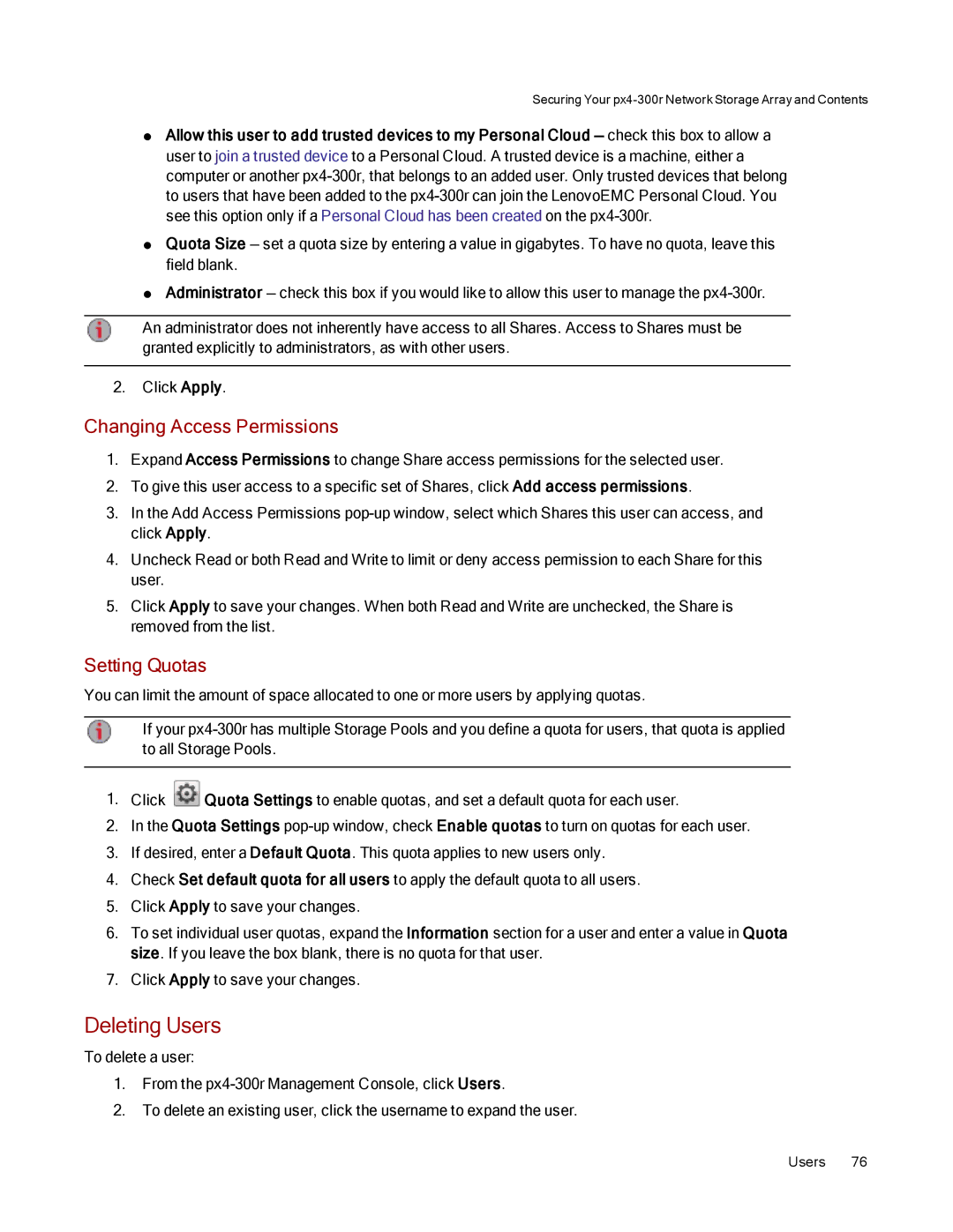 Lenovo 70BJ9007WW, 70BJ9005WW manual Deleting Users, Setting Quotas 