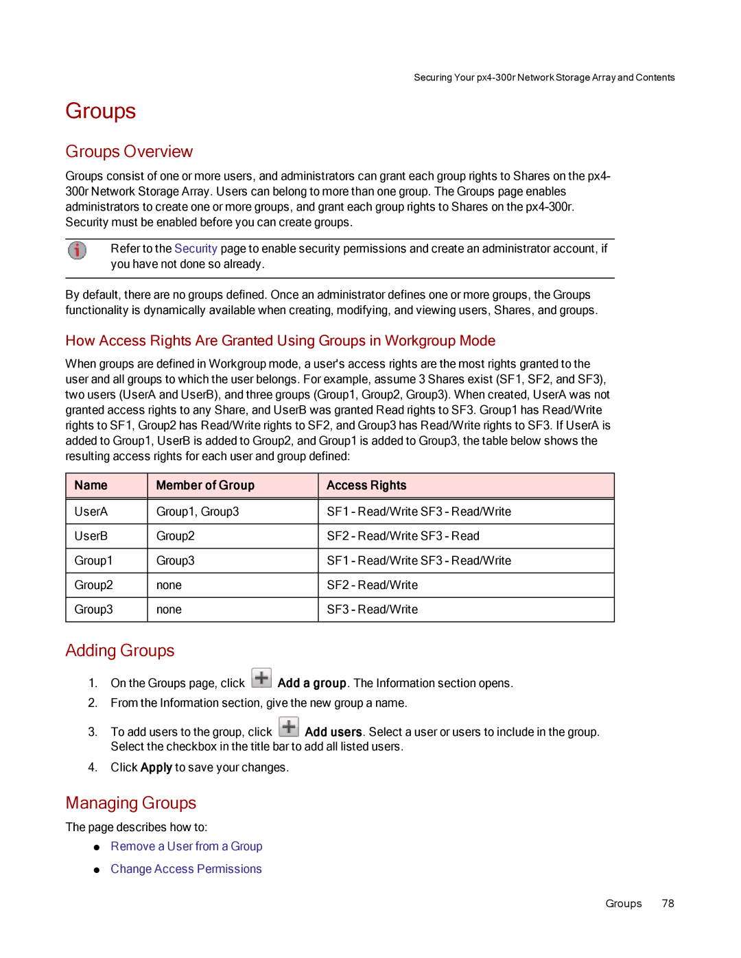 Lenovo 70BJ9007WW, 70BJ9005WW manual Groups Overview, Adding Groups, Managing Groups, Name Member of Group Access Rights 