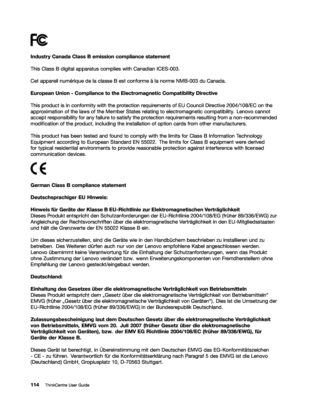 Lenovo 3134, 7339, 5039, 5033, 3167, 3171, 3147, 3143, 3154 Industry Canada Class B emission compliance statement, Deutschland 