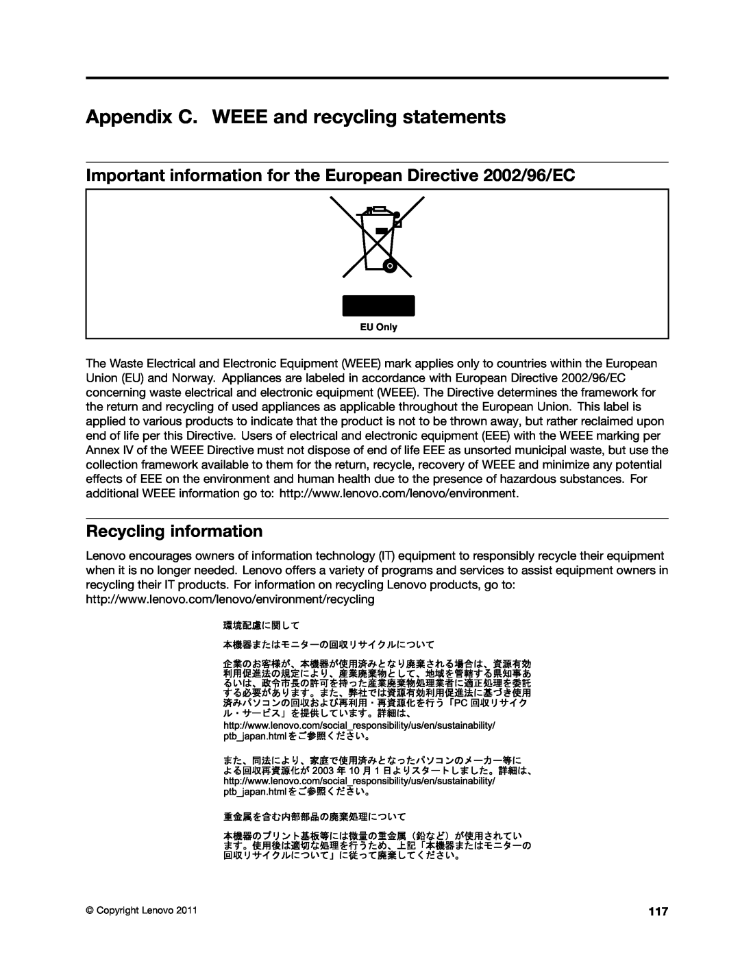 Lenovo 3140, 7339 Appendix C. WEEE and recycling statements, Important information for the European Directive 2002/96/EC 