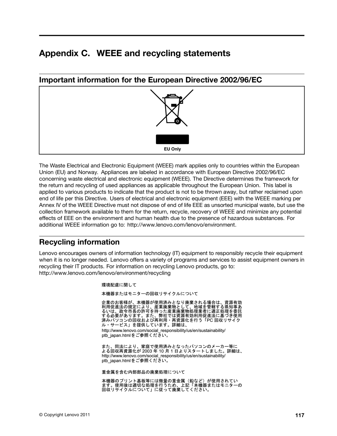 Lenovo 3140 Appendix C. Weee and recycling statements, Important information for the European Directive 2002/96/EC, 117 