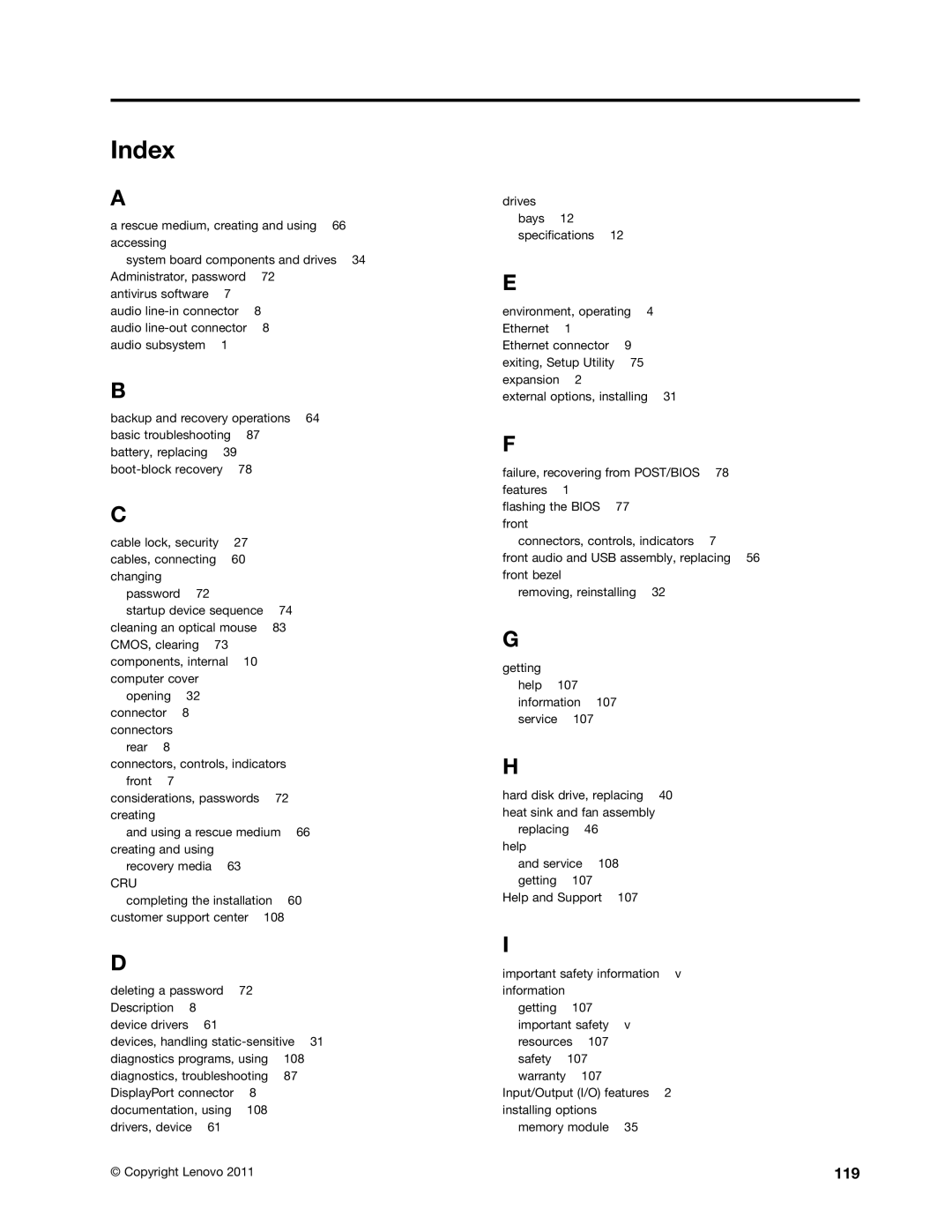 Lenovo 5039, 7339, 5033, 3167, 3171, 3147, 3143, 3154, 3132, 3134, 3157, 3176, 3140 manual Index, 119 