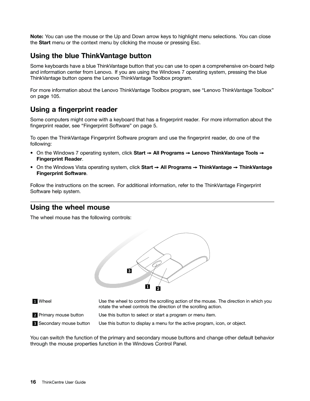 Lenovo 5033, 7339, 5039, 3167, 3171 Using the blue ThinkVantage button, Using a fingerprint reader, Using the wheel mouse 