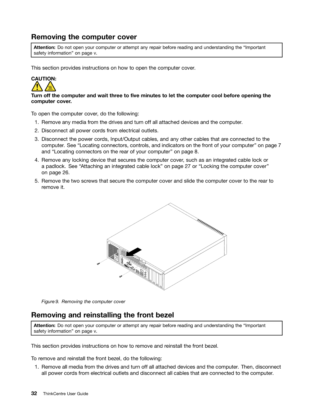 Lenovo 3147, 7339, 5039, 5033, 3167, 3171, 3143, 3154 Removing the computer cover, Removing and reinstalling the front bezel 