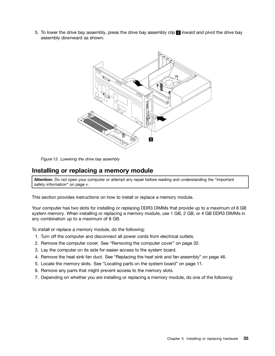 Lenovo 3132, 7339, 5039, 5033, 3167, 3171, 3147, 3143 Installing or replacing a memory module, Lowering the drive bay assembly 