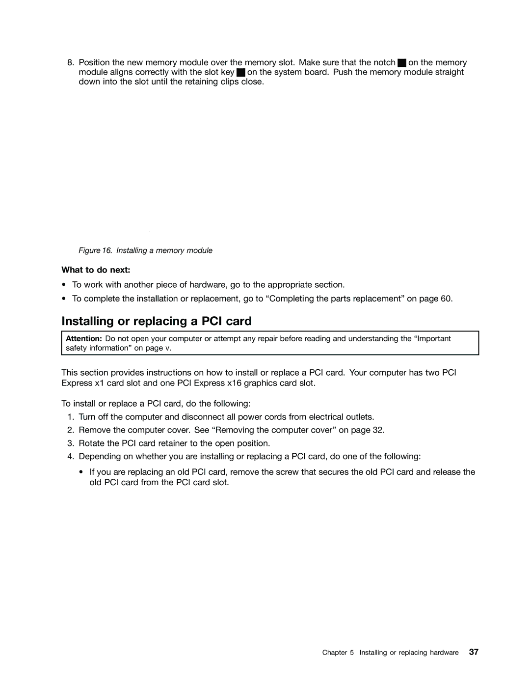Lenovo 3157, 7339, 5039, 5033, 3167, 3171, 3147, 3143, 3154, 3132 Installing or replacing a PCI card, Installing a memory module 
