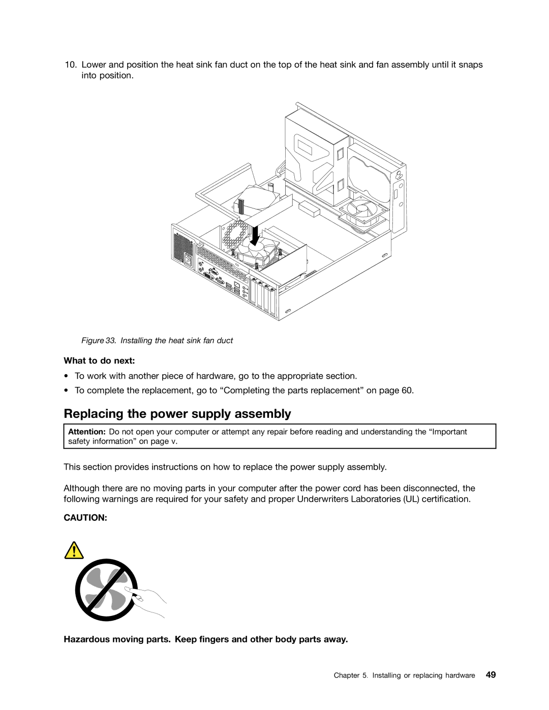 Lenovo 3134, 7339, 5039, 5033, 3167, 3171, 3147, 3143 Replacing the power supply assembly, Installing the heat sink fan duct 