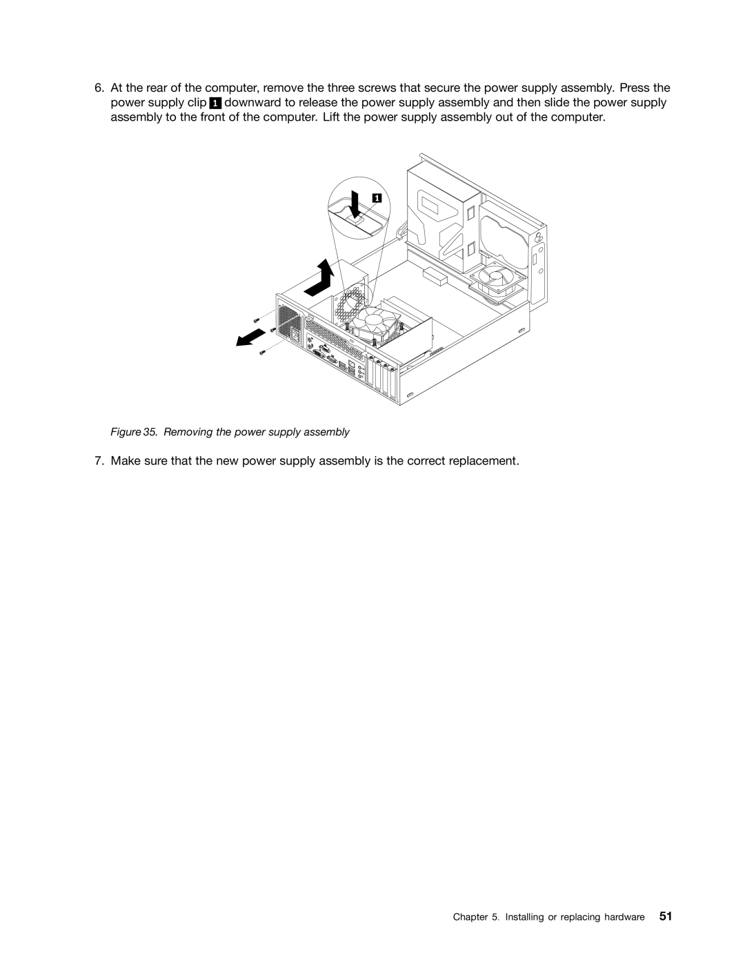 Lenovo 3176, 7339, 5039, 5033, 3167, 3171, 3147, 3143, 3154, 3132, 3134, 3157, 3140 manual Removing the power supply assembly 