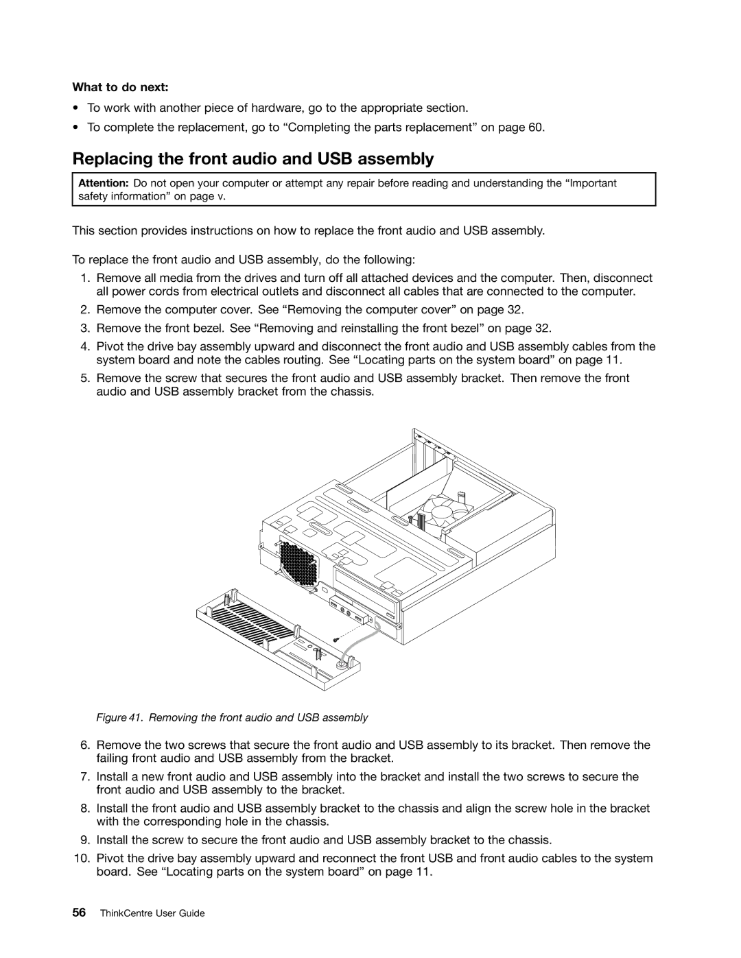 Lenovo 3167, 7339, 5039, 5033, 3171 Replacing the front audio and USB assembly, Removing the front audio and USB assembly 