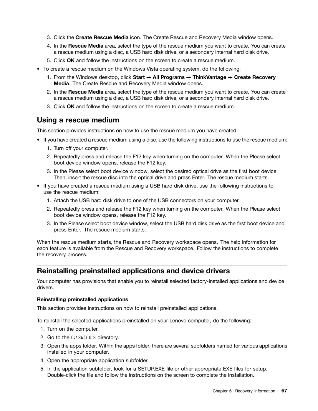 Lenovo 5039, 7339, 5033, 3167, 3171, 3147 Using a rescue medium, Reinstalling preinstalled applications and device drivers 