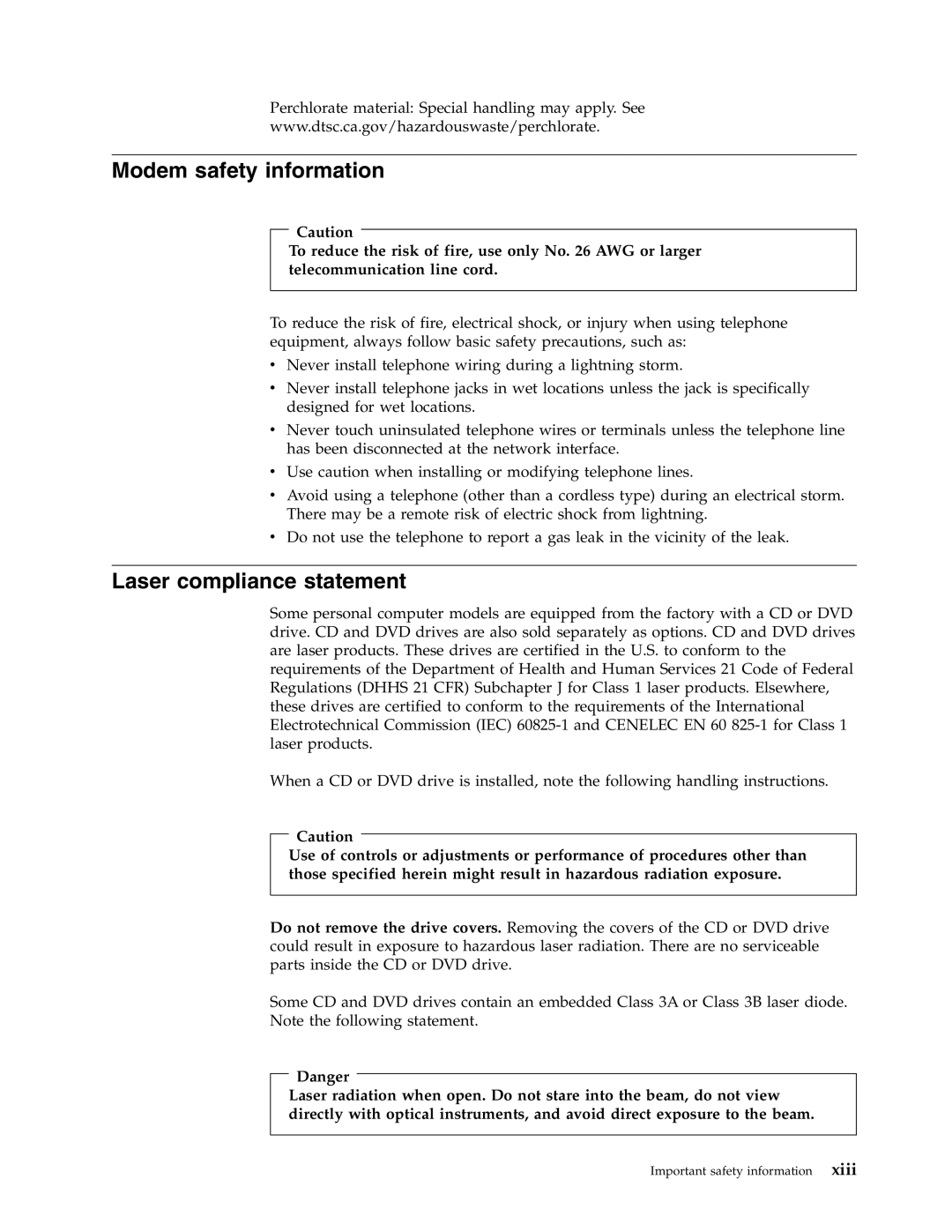 Lenovo 7398, 7397, 7392, 7391, 7396, 7390 manual Modem safety information, Laser compliance statement 