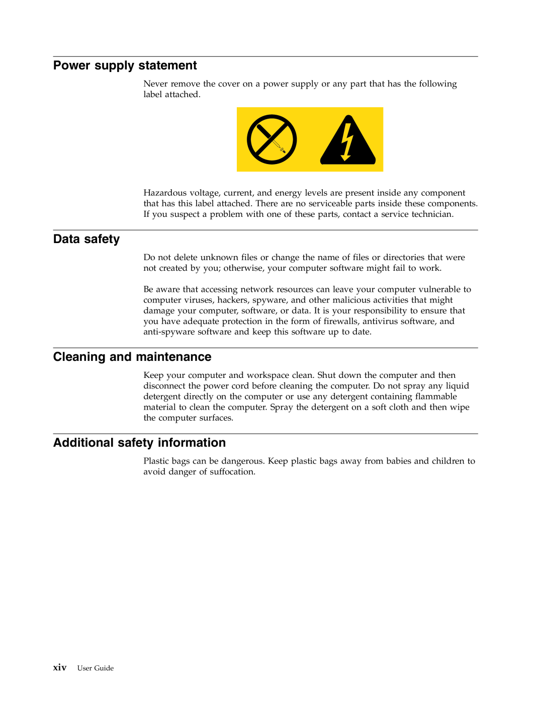 Lenovo 7396 Power supply statement, Data safety, Cleaning and maintenance, Additional safety information, xivUser Guide 