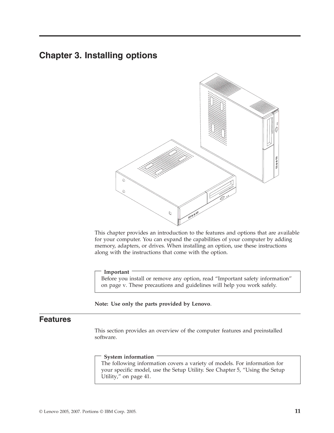 Lenovo 7390, 7397, 7392, 7391, 7398, 7396 manual Installing options, Features 