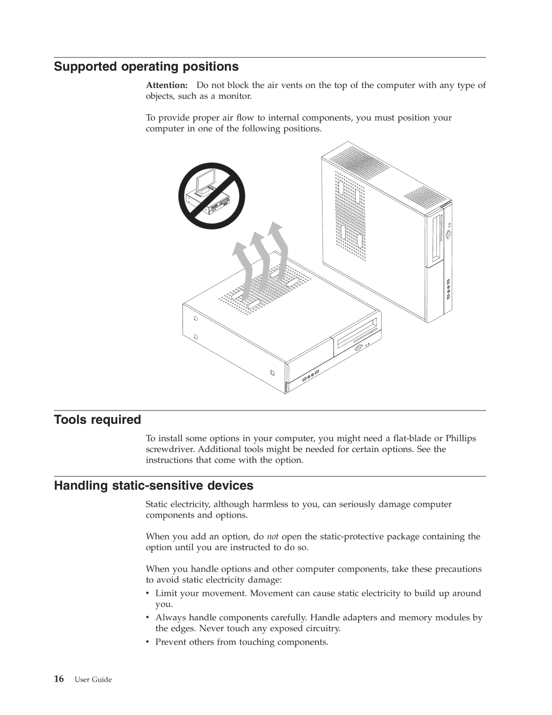 Lenovo 7396, 7397, 7392, 7391, 7398, 7390 Supported operating positions, Tools required, Handling static-sensitive devices 