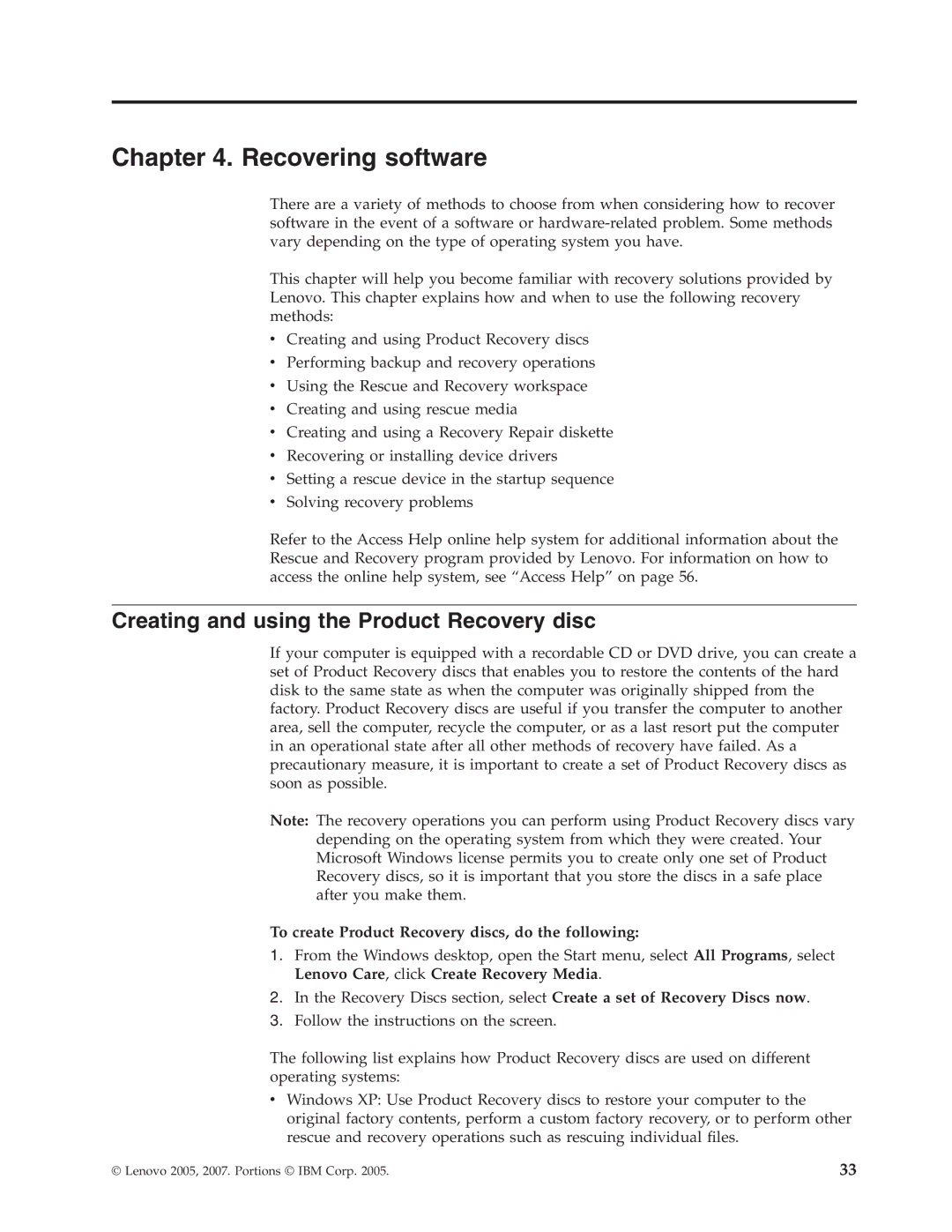Lenovo 7398, 7397, 7392, 7391, 7396, 7390 manual Recovering software, Creating and using the Product Recovery disc 