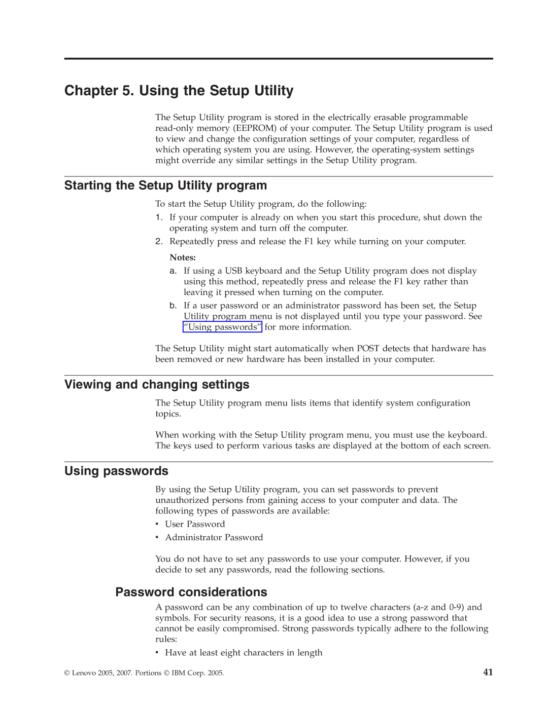 Lenovo 7390 Using the Setup Utility, Starting the Setup Utility program, Viewing and changing settings, Using passwords 