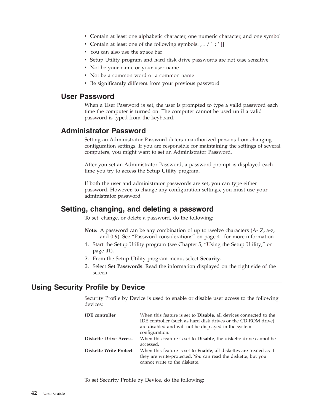 Lenovo 7397, 7392, 7391, 7398, 7396, 7390 User Password, Administrator Password, Setting, changing, and deleting a password 