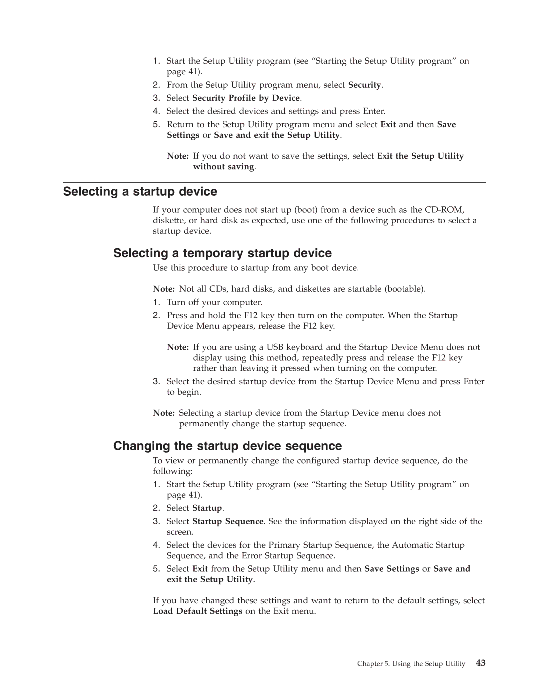 Lenovo 7392, 7397 Selecting a startup device, Selecting a temporary startup device, Changing the startup device sequence 