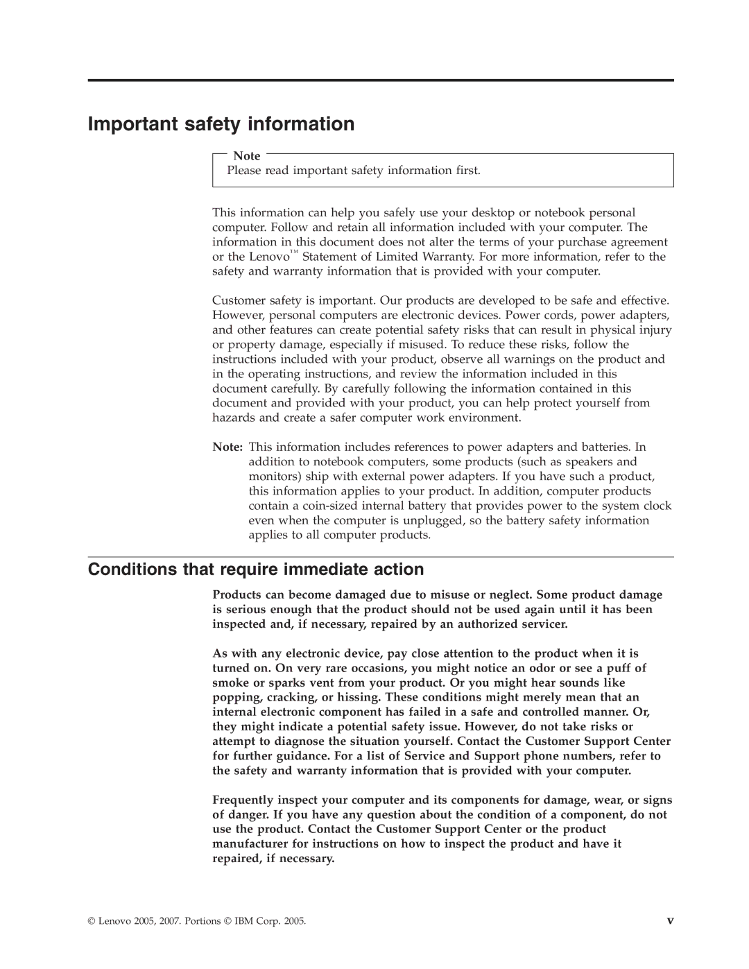 Lenovo 7392, 7397, 7391, 7398, 7396, 7390 manual Important safety information, Conditions that require immediate action 