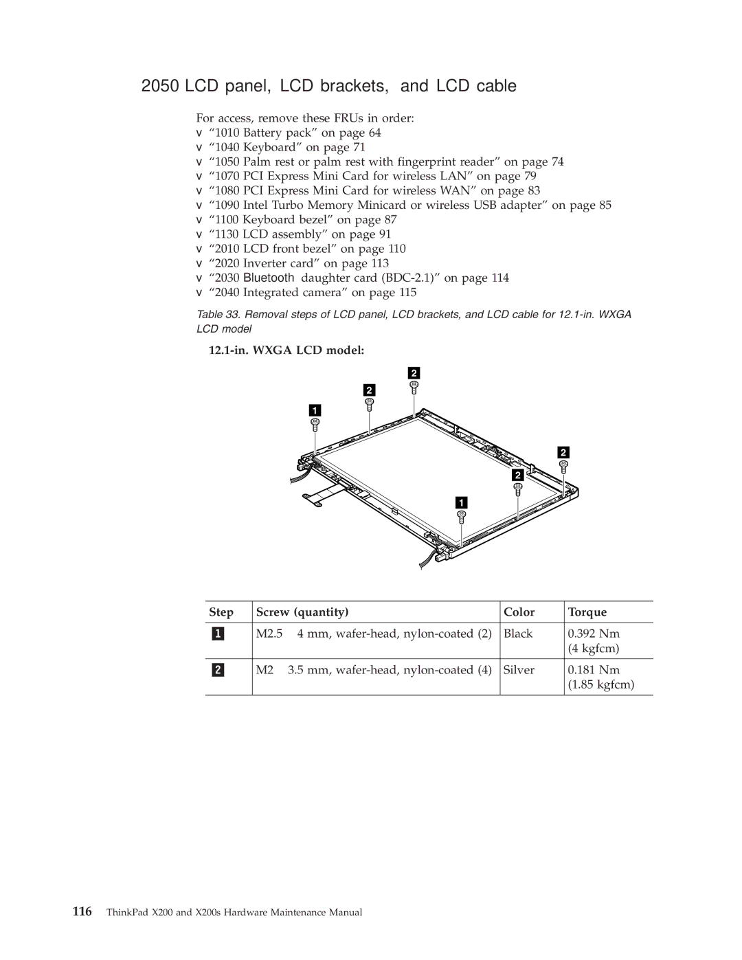 Lenovo 74506AU, 74536BU LCD panel, LCD brackets, and LCD cable, 12.1-in. Wxga LCD model Step Screw quantity Color Torque 