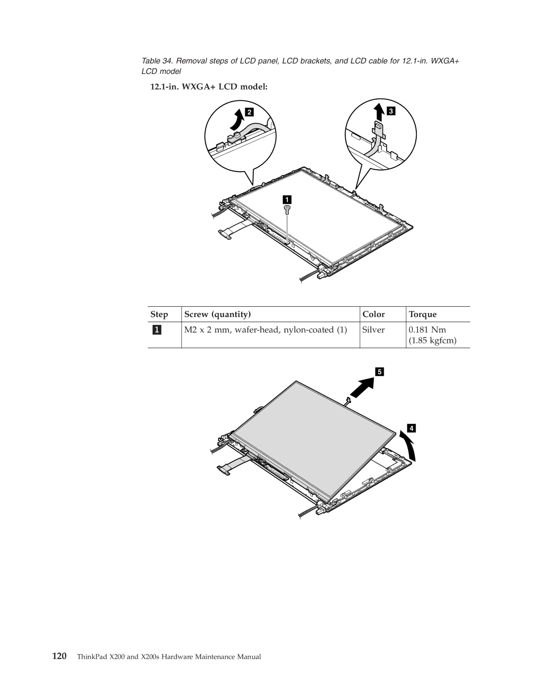 Lenovo 7454GKU, 74536BU, 74506CU, 745369U, 74506BU, 74506AU, 745069U 12.1-in. WXGA+ LCD model Step Screw quantity Color Torque 