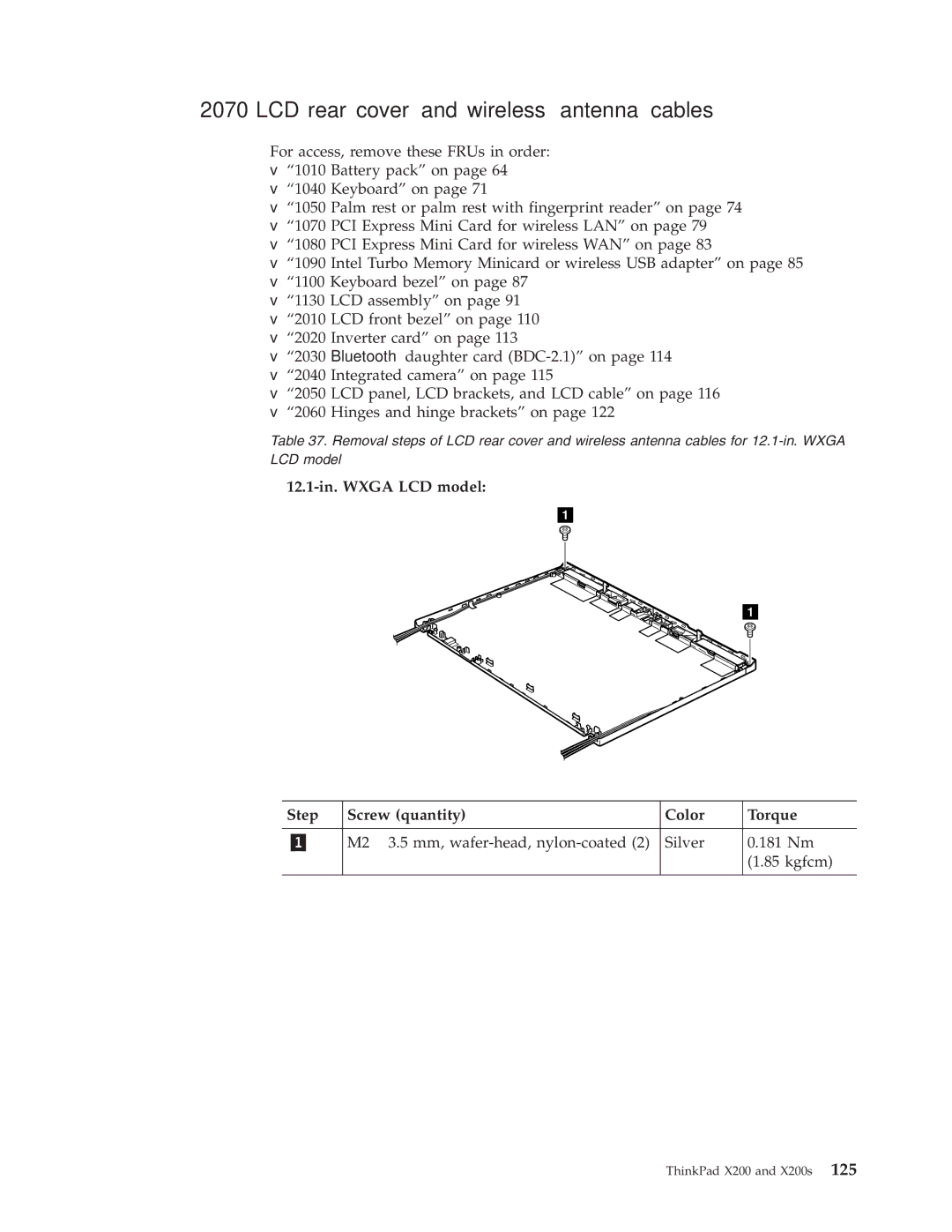 Lenovo 74506BU, X200S LCD rear cover and wireless antenna cables, 12.1-in. Wxga LCD model Step Screw quantity Color Torque 