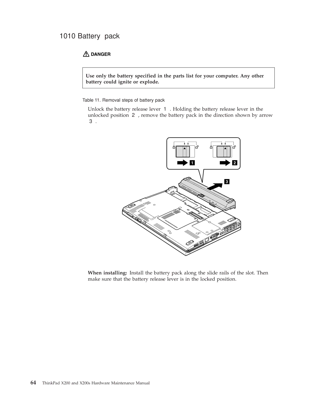 Lenovo 745369U, 74536BU, 74506CU, 74506BU, 74506AU, 745069U, 745068U, 7453FDU, 7454GKU, X200S manual Battery pack 