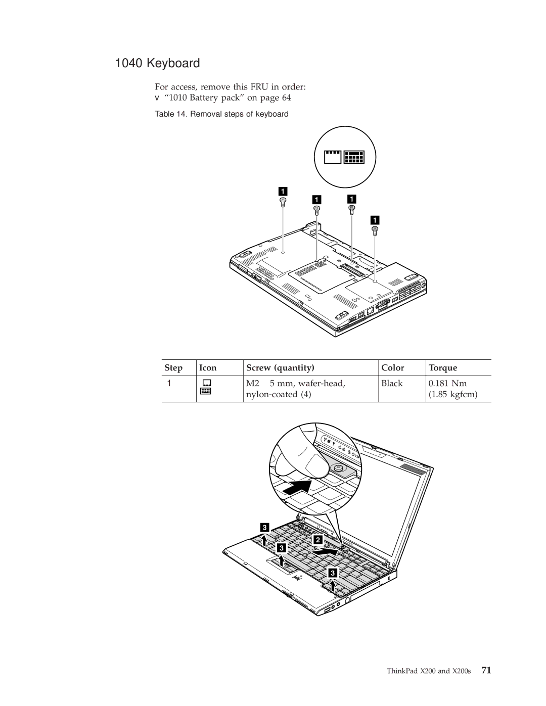 Lenovo X200S, 74536BU, 74506CU, 745369U, 74506BU, 74506AU, 745069U, 745068U manual Keyboard, Step Icon Screw quantity Color Torque 