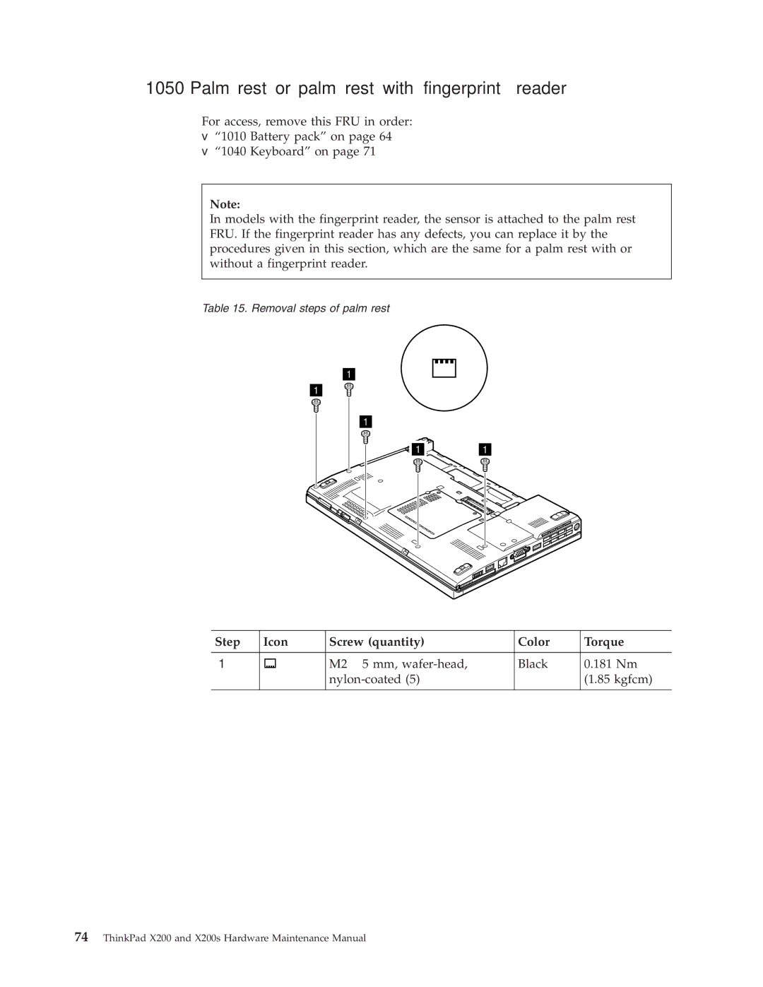 Lenovo 745369U, 74536BU, 74506CU manual Palm rest or palm rest with fingerprint reader, Step Icon Screw quantity Color Torque 