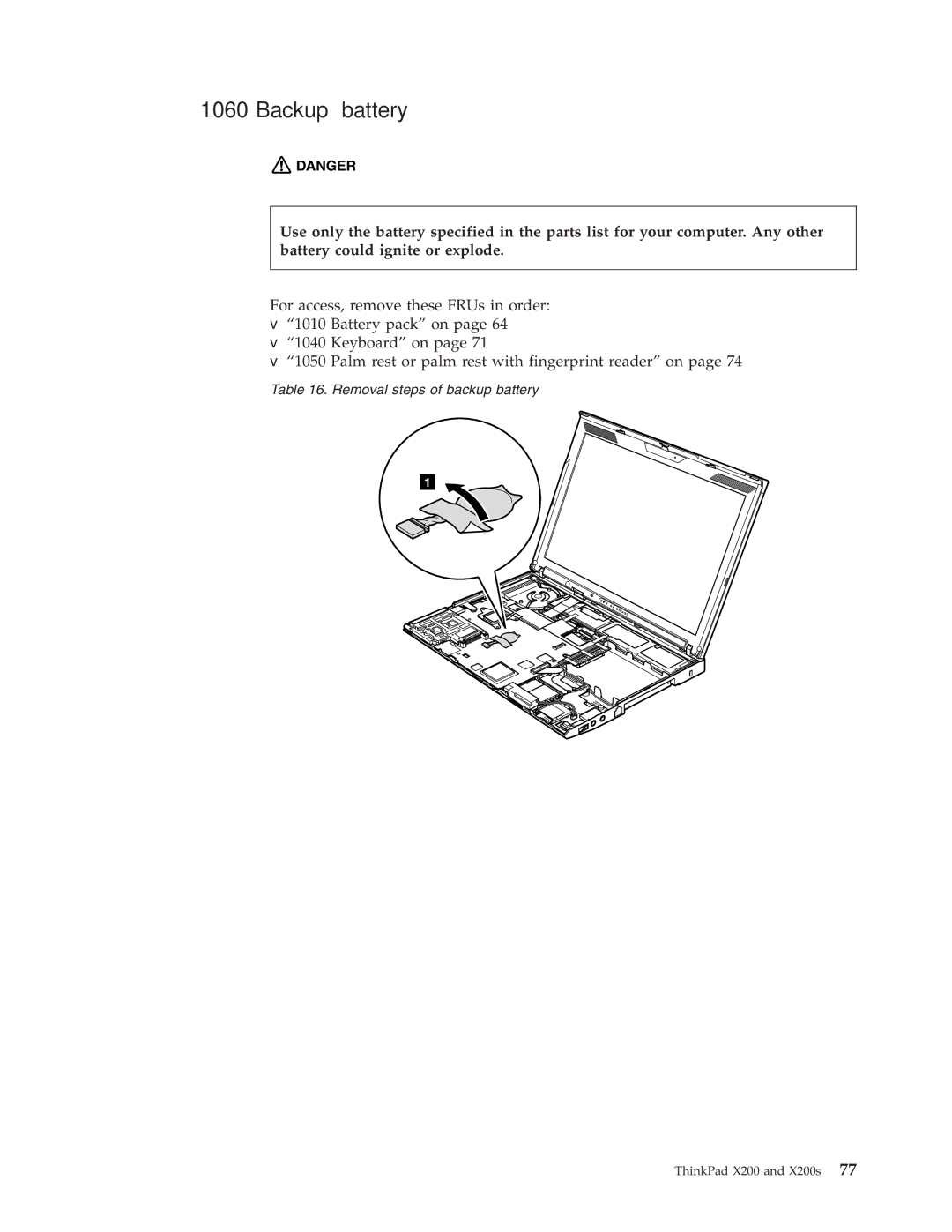 Lenovo 745069U, 74536BU, 74506CU, 745369U, 74506BU, 74506AU, 745068U, 7453FDU, 7454GKU, X200S manual Backup battery 