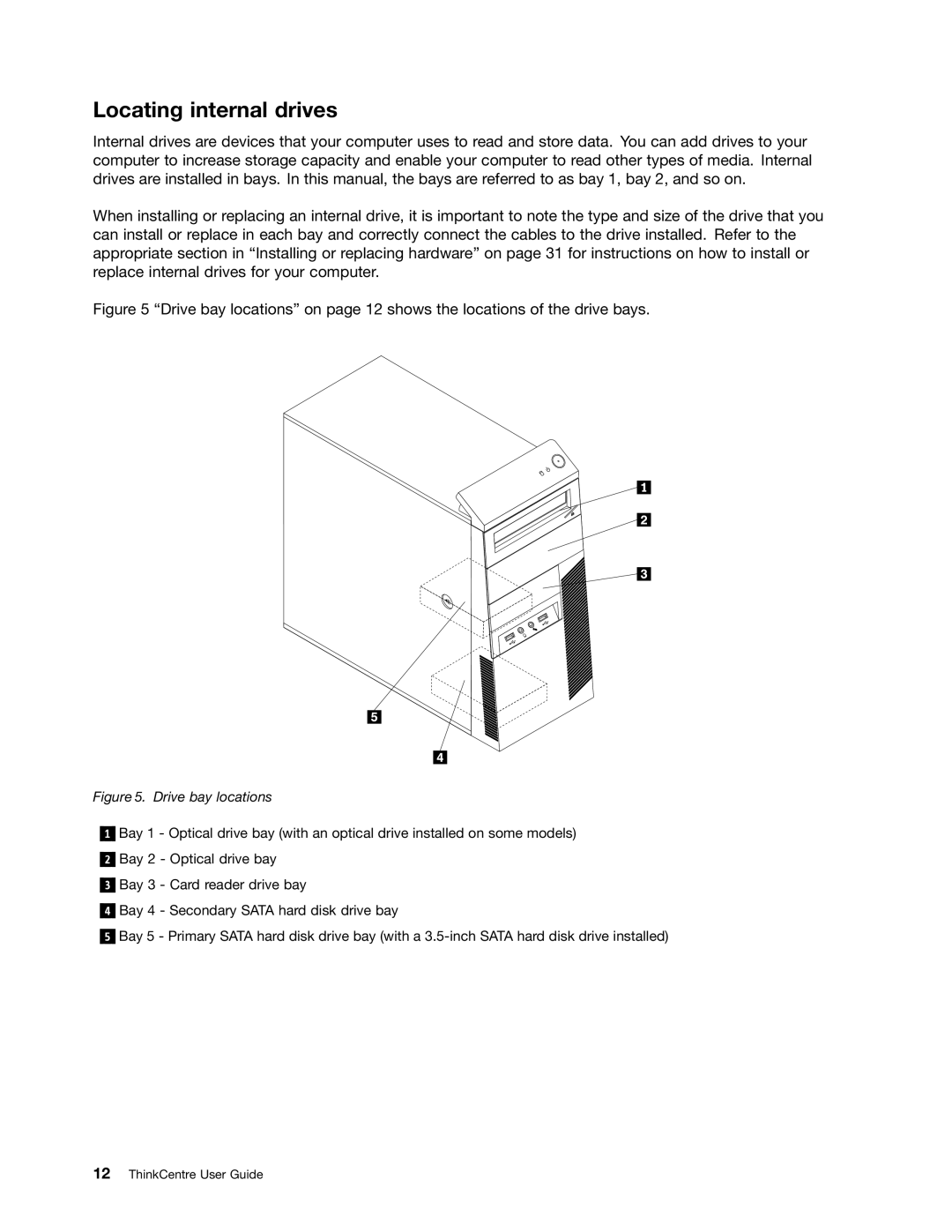 Lenovo 5030, 7517, 5069, 5048, 5034, 5037, 4166, 4169, 268, 1730 manual Locating internal drives, Drive bay locations 