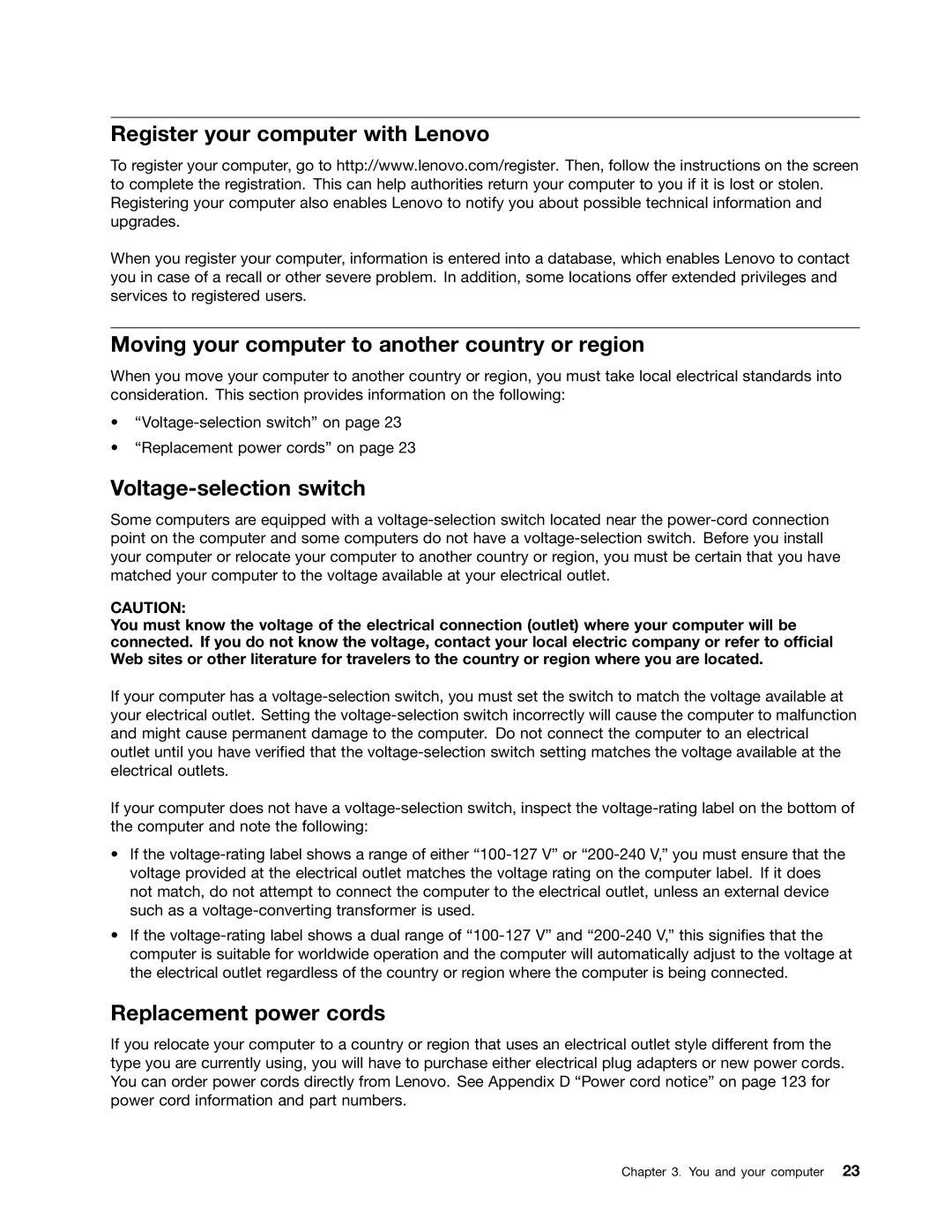 Lenovo 5037 Register your computer with Lenovo, Moving your computer to another country or region, Replacement power cords 