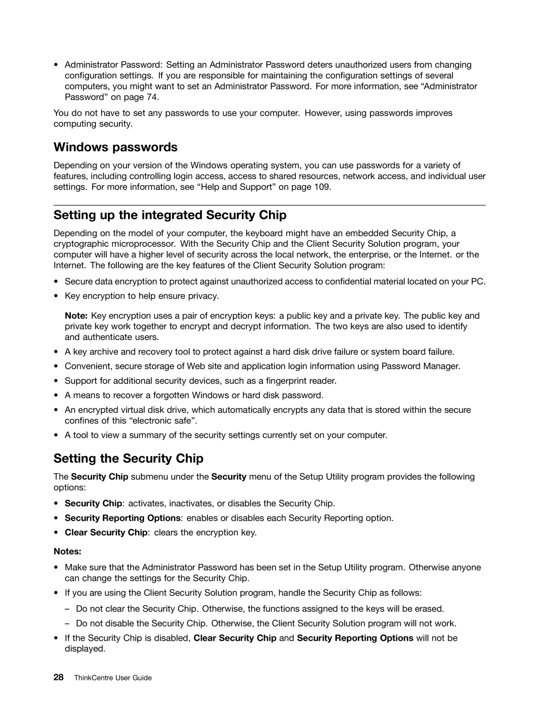 Lenovo 7517, 5069, 5048, 5034, 5030, 268 Windows passwords, Setting up the integrated Security Chip, Setting the Security Chip 